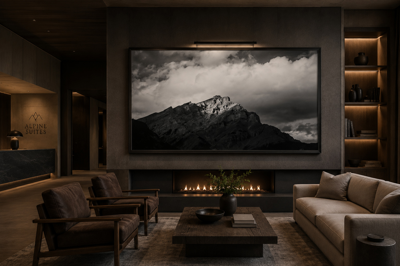 Boutique hospitality lounge with dramatic black and white mountain artwork